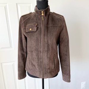 AK Anne Klein Brown Genuine Suede Leather Moto Military Jacket